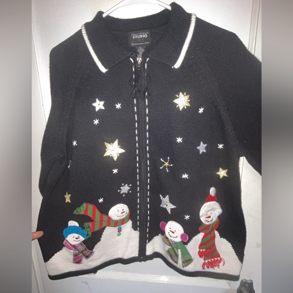 Vintage Black Zip Up Sweater  with Embroidered Snowman Design